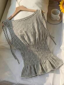 Top sin mangas de moda casual de tela escocesa con cordones para mujer, verano - Caqui - Ver 3