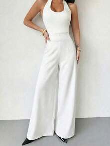 es texturizados de cintura alta y pierna ancha, casuales y elegantes, para volver a la escuela y al trabajo, para mujer - Blanco - Ver 4
