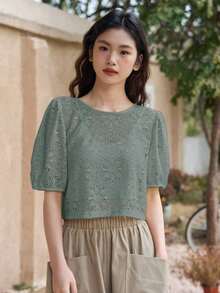 Camisa de manga media con encaje y huecos para mujer - Verde - Ver 3
