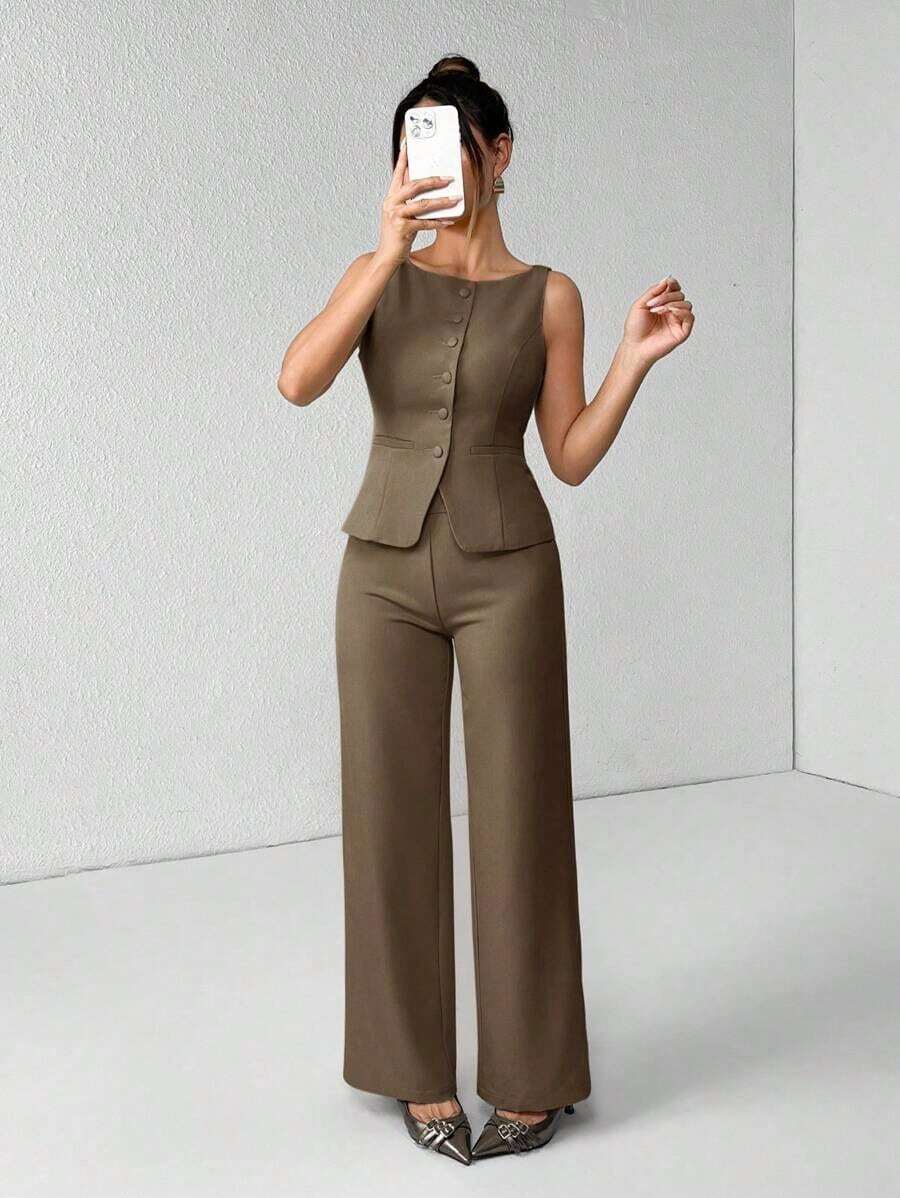 PETITE Conjunto de chaleco y pantalones de un solo pecho de unicolor con cuello redondo, elegante traje de oficina para mujer, ropa de mujer de verano y otoño, conjunto de oficina, ropa casual de negocios, conjunto de dos piezas, ropa de oficina de otoño para mujer, conjunto de blazers para mujer - Marrón - Ver 1