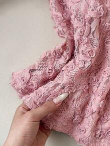 Camiseta de mujer con bordado de rosas 3D, floral y romántica, versátil - Rosa - Ver 6