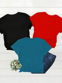 Set de 3 camisetas gráficas de mujer con estampados de leopardo, floral y corazón para el verano - Multicolor 3 - Ver 2