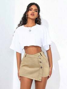 PETITE Short vaquero sexy con bolsillo frontal, cruce de cintura y abotonado para mujer - Caqui - Ver 3