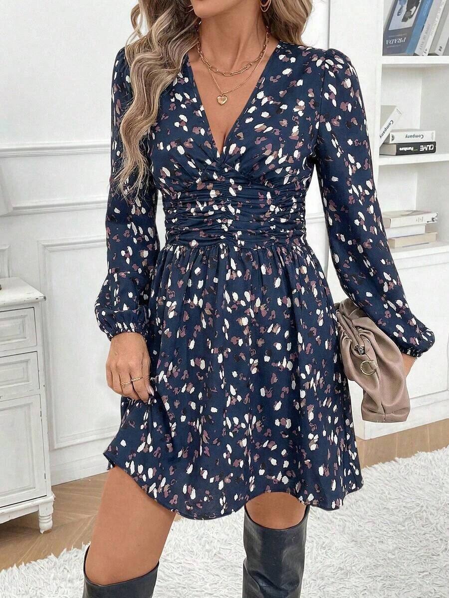 Vestido corto casual sencillo con cuello en V, manga larga, plisado y estampado de todo sobre - Azul marino - Ver 1