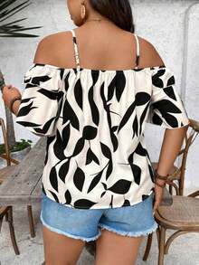 Camiseta romántica con volantes y escote descubierto de corazoncitos para vacaciones, talla grande.Ideal para fiesta casual, picnic o San Valentín. - Multicolor - Ver 2