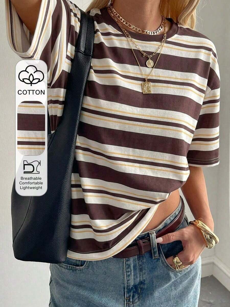 Blusa básica de manga corta, cuello redondo, corte holgado, para mujer, otoño/invierno - Marrón - Ver 1
