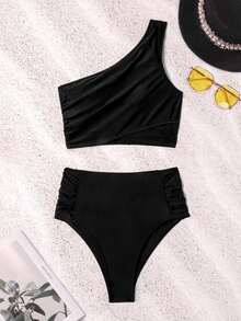 Swim Conjunto de bikini fruncido de unicolor para playa y vacaciones de verano - Negro - Ver 5