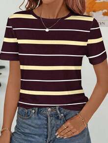 Camiseta de manga corta holgada con cuello redondo, estilo asimétrico a rayas, minimalista y casual, para mujer.Versátil y adecuada para primavera/verano y temporada deportiva - Multicolor 15 - Ver 2