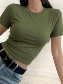Camiseta de manga corta minimalista de unicolor para mujer, uso casual de todos los días en verano - Verde militar - Ver 4