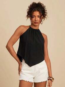 Top de tirantes tejido con estampado de vacaciones para mujer - Negro - Ver 7