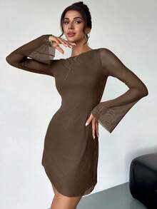 Vestido mini minimalista, elegante y sexy de lunares blanco y negro para mujer, estilo retro con cuello barco, mangas acampanadas, cintura alta y línea A, ideal para primavera/verano, Día de San Valentín - Café integral - Ver 6