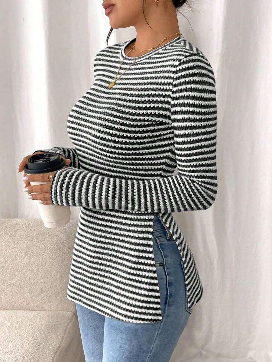 Frenchy Camiseta de manga larga a rayas de estilo informal para mujer con bajo con abertura, para primavera y otoño - Blanco y Negro - Ver 1