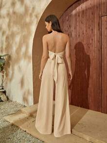 trasero de espalda abierta Top halter & Pantalones de pierna ancha - Caqui - Ver 2