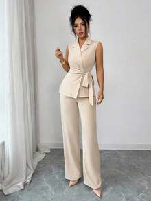 Conjunto elegante y romántico de blazer y corbata de moño para vacaciones y oficina para mujeres - Albaricoque - Ver 6