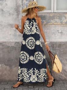 Vestido con estampado, corte con abertura alta, espalda descubierta, atar al cuello y flecos para mujer, vacaciones - Azul marino - Ver 2