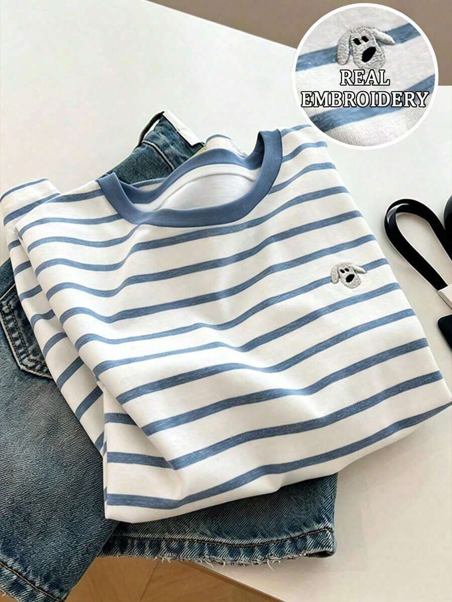 casual de mujer para uso diario y trayectos, con estampado de rayas de contraste y bordado de dibujos animados, para primavera/otoño - Multicolor 5 - Ver 1
