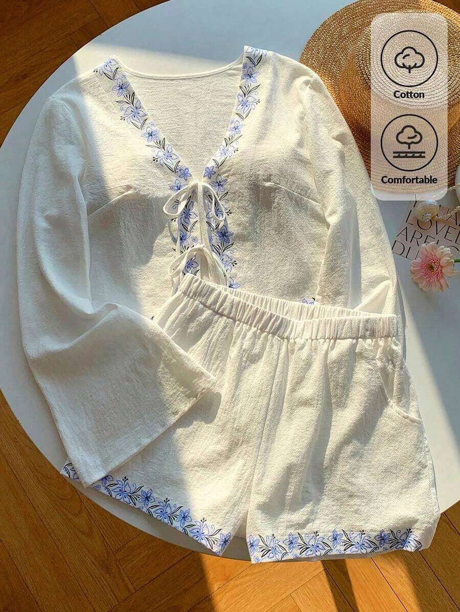 Conjunto de blusa con amarre al frente y shorts con estampado de anacardo para mujer, en estilo bohemio - Blanco 2 - Ver 1