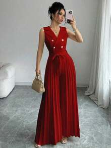 Mono elegante de mujer con diseño de doble botonadura y plisado en color albaricoque, para primavera y otoño - Rojo - Ver 7