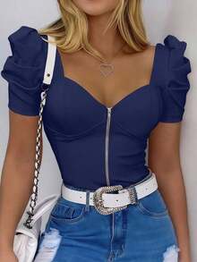 Camiseta ajustada de manga corta con cuello en V sexy y cremallera delantera - azul real - Ver 5