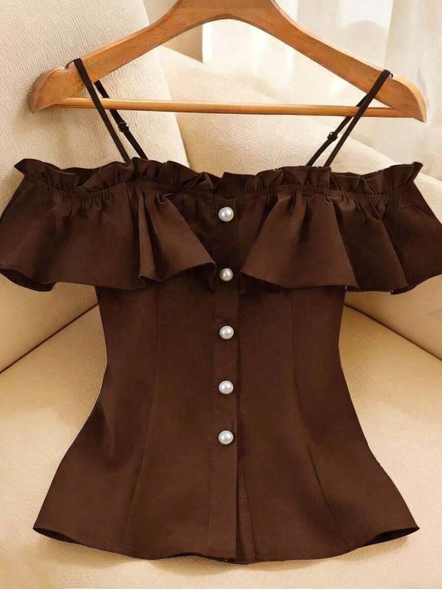 Blusa de hombros descubiertos con botones frontales y volantes de unicolor simple, para verano - Café integral - Ver 1