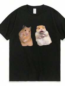 Printed T-Shirts For Women, Oversized Urban Style Tops, Comfortable And Stylish Summer Tees That Go With Everything. Fun T-Shirt With The Peace Symbol And A Screaming Hamster, A Gift For Rodent Lovers, Short-Sleeved Summer T-Shirts For Women And Girls. - 黑色 - 查看 1