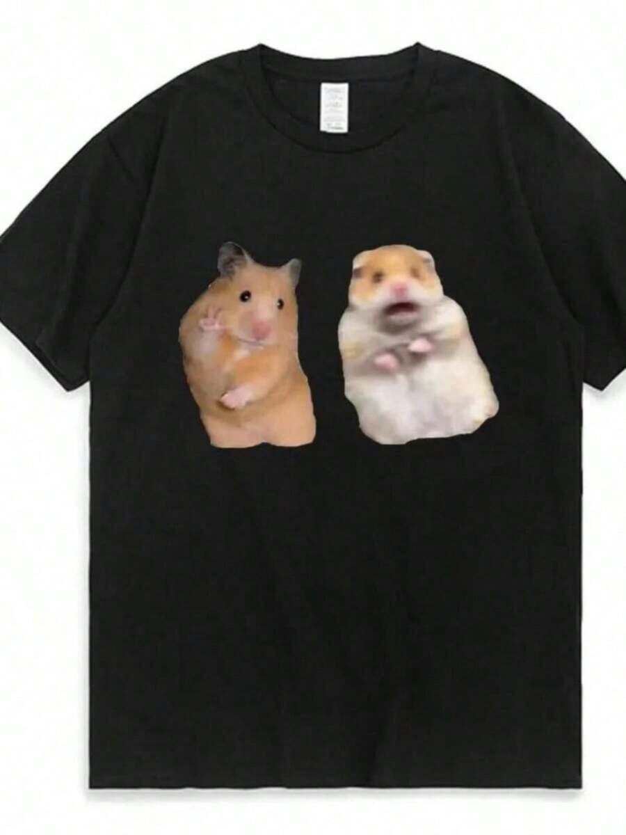 Printed T-Shirts For Women, Oversized Urban Style Tops, Comfortable And Stylish Summer Tees That Go With Everything. Fun T-Shirt With The Peace Symbol And A Screaming Hamster, A Gift For Rodent Lovers, Short-Sleeved Summer T-Shirts For Women And Girls. - 黑色 - 查看 1