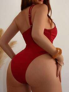 Traje De Baño De Una Pieza Sin Anillo De Acero Con Lado De Cordón - Rosa Roja - Ver 4