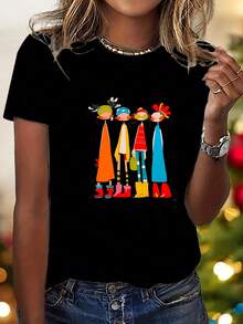 Pure Cotton T-Shirt With Artistic Cartoon Character Print - Stylish And Elegant - Unisex Crew Neck T-Shirt For Casual Sports, Short Sleeves, Available In Various Colors. Plain White T-Shirt. - 黑色 - 查看 1