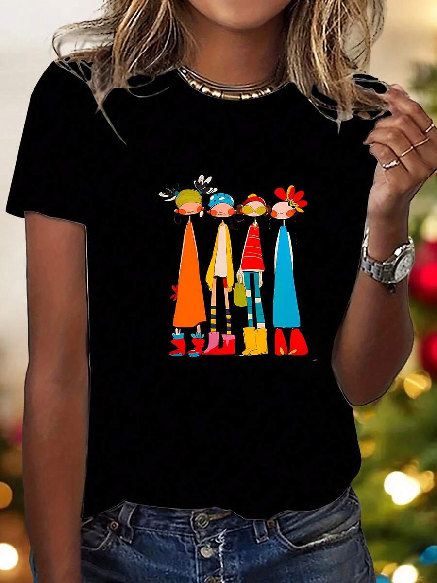 Pure Cotton T-Shirt With Artistic Cartoon Character Print - Stylish And Elegant - Unisex Crew Neck T-Shirt For Casual Sports, Short Sleeves, Available In Various Colors. Plain White T-Shirt. - 黑色 - 查看 1