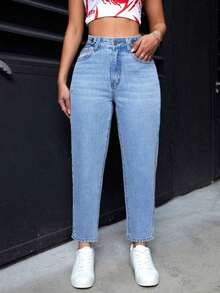 Pantalones vaqueros informales de mujer con bolsillos de forma cónica y multiusos - Azul - Ver 6
