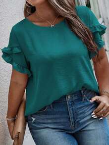 Blusa casual con cuello redondo, mangas con volantes y estampado floral para mujer de talla grande - azul real - Ver 5