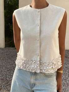 Chaqueta de verano casual y elegante de lino sin mangas con cuello redondo y adorno floral para mujer - Albaricoque 2 - Ver 6