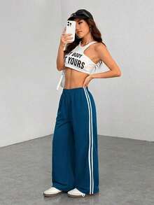 Pantalones casuales con rayas laterales negras, de estilo simple y de moda para uso diario, graduación, maestros y vuelta al colegio para mujeres - azul real - Ver 5