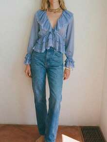 Blusa con botones y mangas con volantes con estampado floral de verano - Azul - Ver 3
