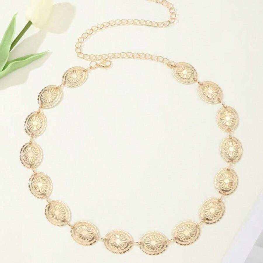 Dây thắt lưng kim loại kiểu dáng châu Âu và Mỹ với họa tiết cánh hoa cúc, phụ kiện đa năng cho nữ. - Vàng - Xem 1