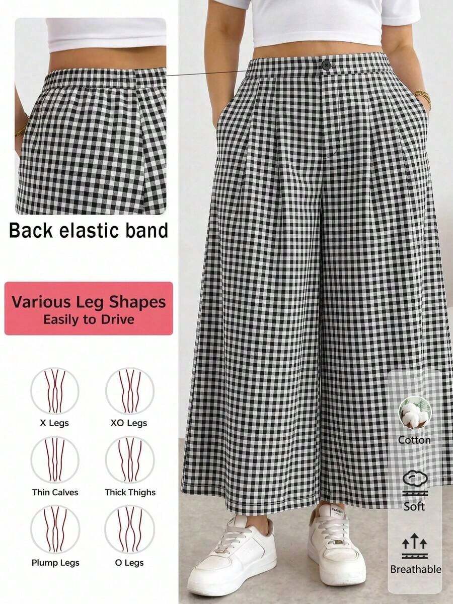 Comfortable And Loose-Fitting Elastic-Waist Pleated Shorts/Skirts, A Basic And Versatile Style For Everyday Wear, Flattering The Figure, In Apricot Color, For Plus-Size Women, For Spring/Summer - Black and White 2 - View 1