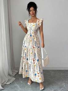 Women's Dress With A Square Neckline, Fitted Waist, And Flared Sleeves In A Multicolored Print. Elegant And Sophisticated, Suitable For Valentine's Day, Easter, Labor Day, Birthdays, Dates, Parties, Formal Occasions, Teacher Outfits, High-Vibe Looks, Travel And Vacations, Streetwear, Spring And Summer. - 灰色 - 查看 4