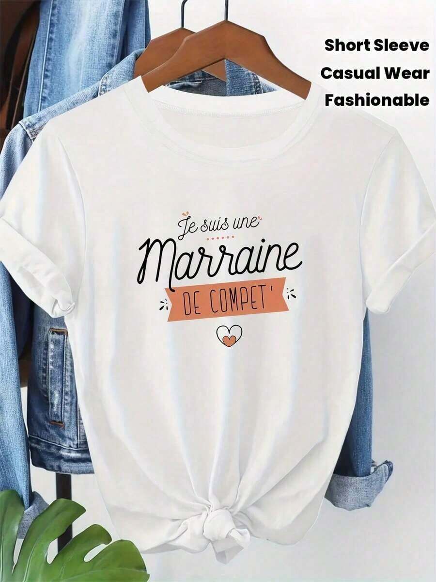 Women's Short-Sleeved T-Shirt With Round Neck And 'JE SUIS UNE MARRAINE' Letter Print, 100% Cotton, Comfortable And Fashionable, The Perfect Garment. - 白色 - View 1