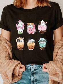 Under The Radar Six Milk Tea Cats Letter Print Cotton T-Shirt, Short Sleeve Crew Neck Casual Summer And Spring Clothing, Women's Clothing - Vintage Street Style Unisex Loose Cotton Short Sleeve Crew Neck T-Shirt - 黑色 - 查看 7