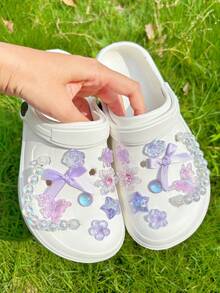 18 pièces Accessoires de petite chaîne de perles transparentes, nœud violet, fleur, papillon, charms de chaussures, série rose mignonne convenant aux pantoufles perforées - Prune - Voir 3