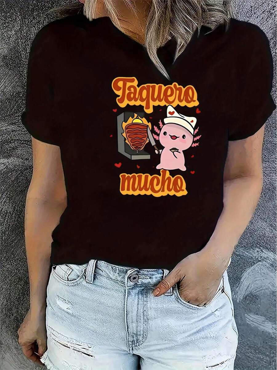 Chic Doll Fish Print Tee For Women - Casual Crew Neck Short Sleeve, Stretchy Polyester Blend, Machine Washable - Perfect Summer Top, English Pattern, Holiday Comfort - Black - View 1