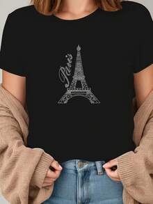 1 camiseta de mujer con estampado de la Torre Eiffel de París - impresión de un ícono histórico francés, de manga corta, cuello redondo, lavable a máquina, camiseta casual, adecuada para viajes, atuendos diarios y vestuario parisino, 180g 100% algodón. - Negro - Ver 1