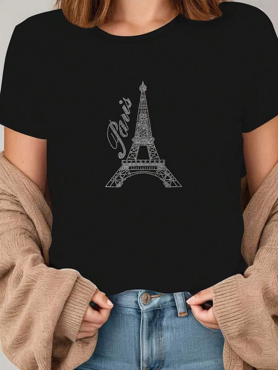 1 camiseta de mujer con estampado de la Torre Eiffel de París - impresión de un ícono histórico francés, de manga corta, cuello redondo, lavable a máquina, camiseta casual, adecuada para viajes, atuendos diarios y vestuario parisino, 180g 100% algodón. - Negro - Ver 1