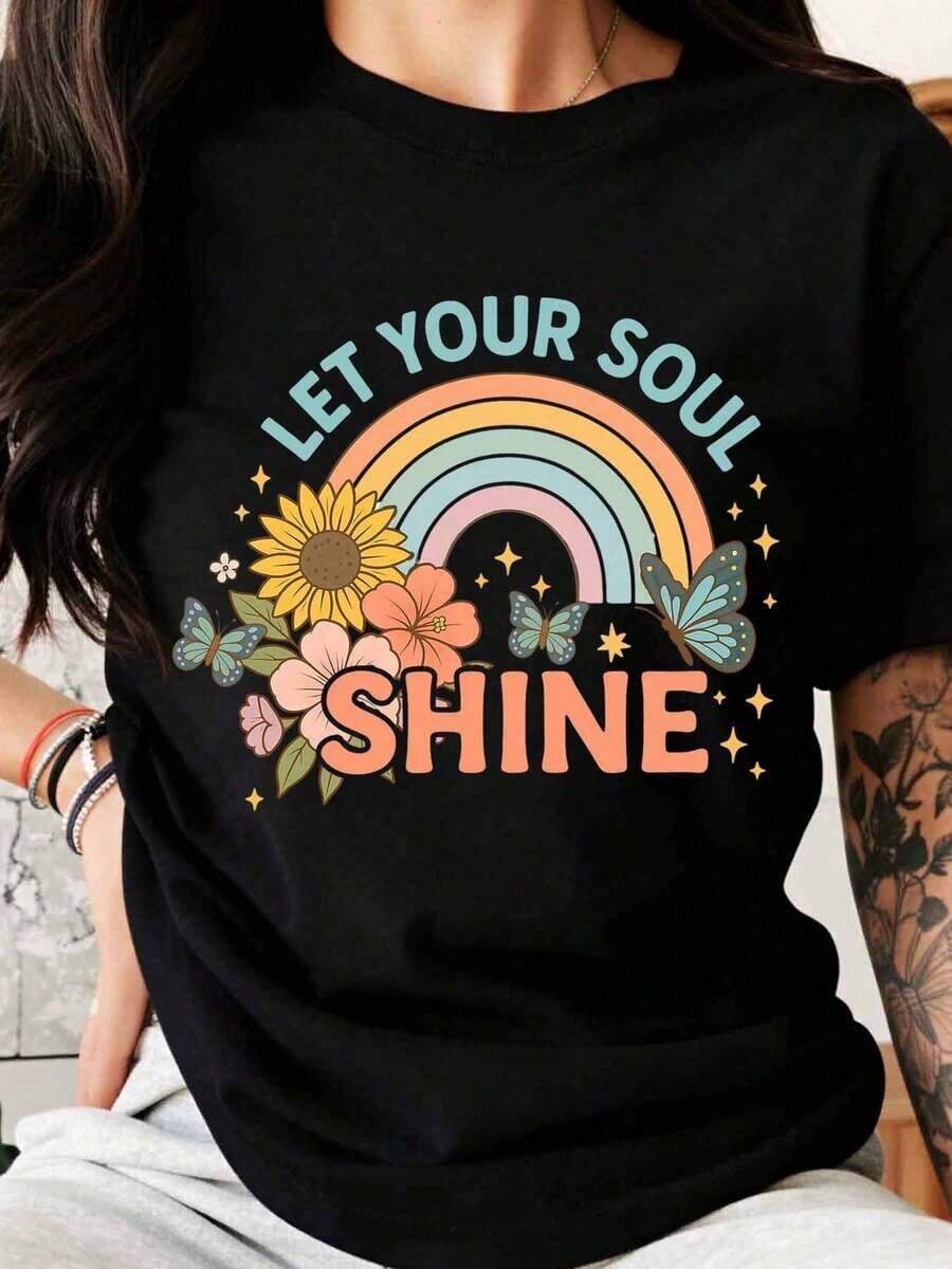 Deja que tu alma brille: Camiseta con diseño de mariposas y flores de arcoíris para mujer, linda camiseta gráfica de verano, camiseta con cita motivadora, regalo para ella, ropa de yoga, top estilo boho, camiseta para mujer. - Negro - Ver 1