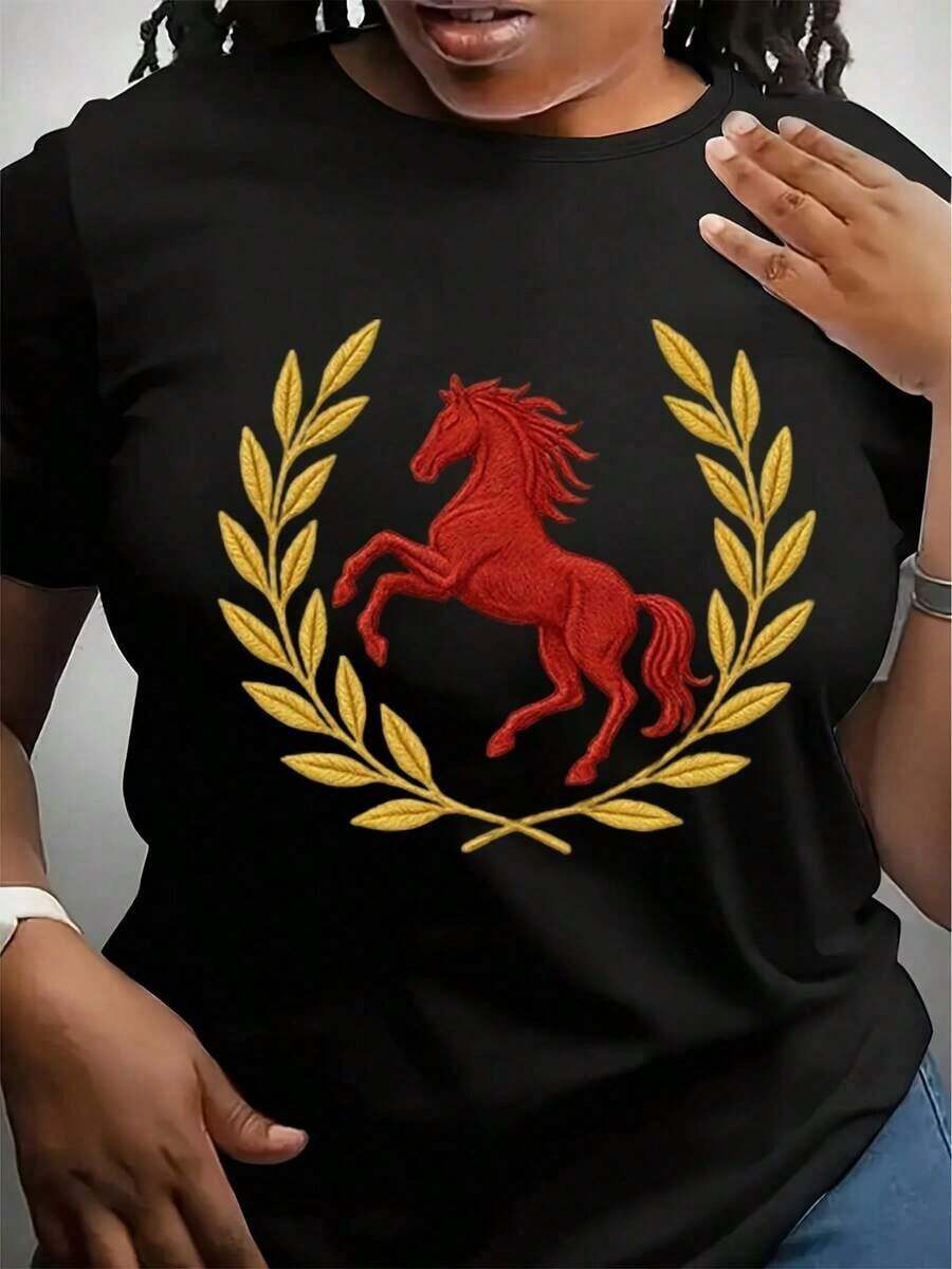 Suave, transpirable y ligero para comodidad durante todo el día. Camiseta de uso diario con bordado del Año del Caballo de Fuego, símbolo de suerte, energía y éxito. Regalo de Feng Shui para el Año Nuevo. Cuello redondo clásico con un corte relajado que favorece todas las formas del cuerpo y es fácil de combinar con jeans, pantalones cortos y leggings. - Negro - Ver 1