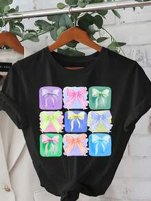 Camiseta casual de manga corta con estampado de lazo a cuadros, perfecta para primavera y verano, diseñada para mujeres. - Negro - Ver 1
