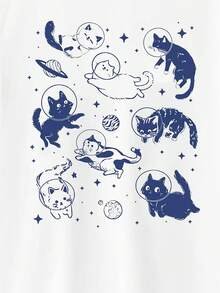 Space Cat Graphic T-Shirt for Cat Lovers - Casual Loose Fit Short Sleeve Top, Cotton Spandex Blend, Machine Washable, Spring/Summer Collection - Vitt - Visa 3