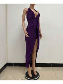 Emerald Green Sequined Women's Dress, Deep V-Neck Halter Neckline, High Side Slit, Elegant Maxi Design Ideal For Evening Parties, Graduations And Formal Winter Events, Glamorous Style Perfect For Celebrations And Elegant Dinners - 紫色 - 查看 3