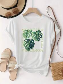 Camiseta casual de verano para mujer, suave, con estampado de la palabra MONSTERA y hojas tropicales - Patrón de plantas en negro y verde, cuello redondo, lavable a máquina, estilo regular, camisa estampada versátil y a la moda, cómoda, imprescindible para los entusiastas de la moda, nuevo artículo de moda de verano, regalo para vacaciones, blusas elegantes para dama. - Blanco - Ver 7