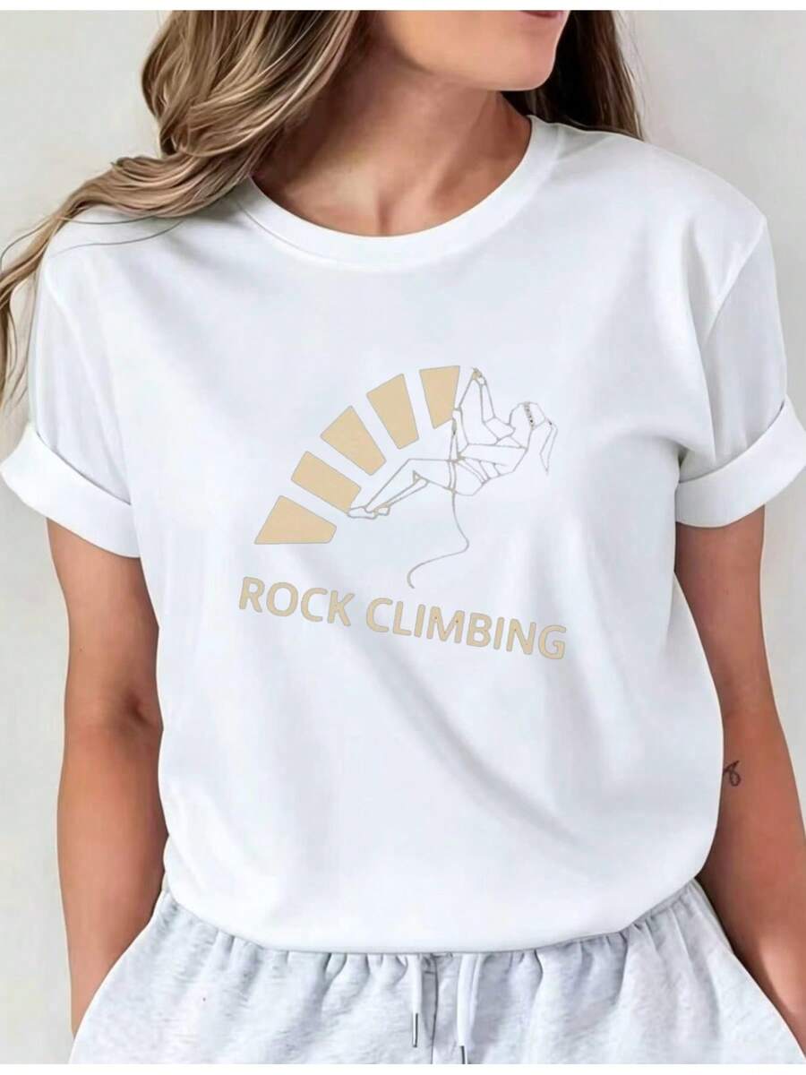 Teediy Women's Short-Sleeve T-Shirt With Rock Climbing Print, Comfortable Fit, Crew Neck, Casual Design Featuring A Climber Graphic And Rock Climbing Lettering, Suitable For All Seasons And Ideal For Everyday Casual Wear. Pixian01, Casual Crew Neck T-Shirt, Comfortable Women's Clothing. - 白色 - 查看 1